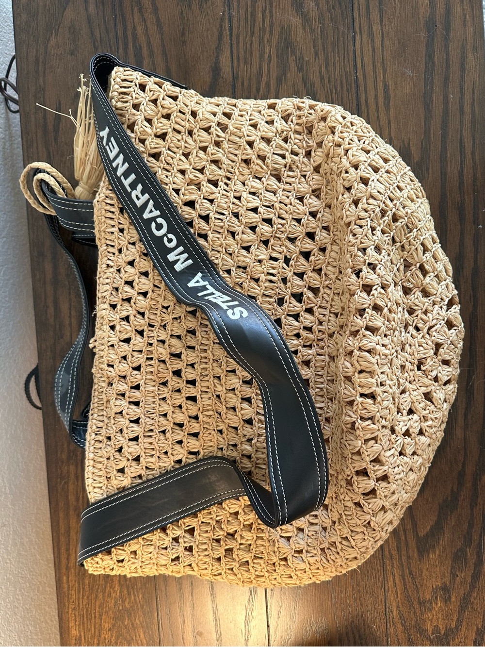 Stella McCartney Raffia Crochet Bucket Bag Black Logo Strap Crossbody